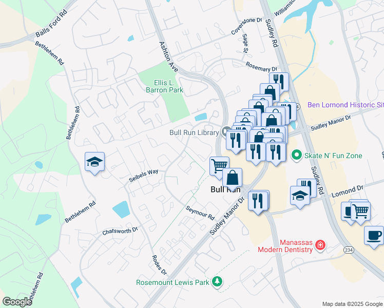 map of restaurants, bars, coffee shops, grocery stores, and more near 7937 Blue Gray Circle in Manassas