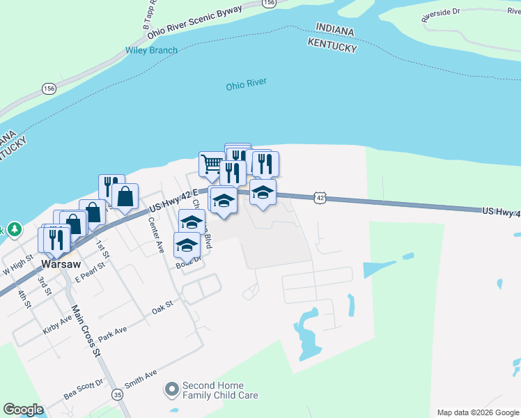 map of restaurants, bars, coffee shops, grocery stores, and more near 800 East Main Street in Warsaw