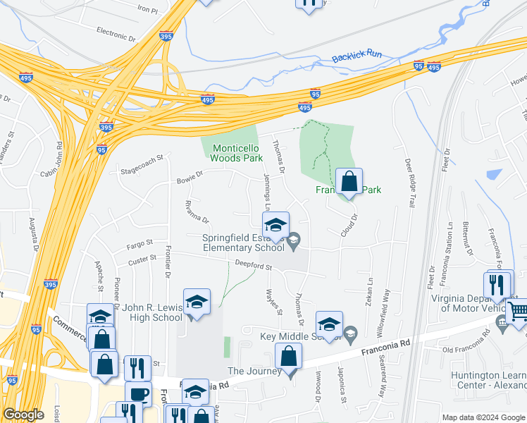 map of restaurants, bars, coffee shops, grocery stores, and more near 6012 Jennings Lane in Springfield