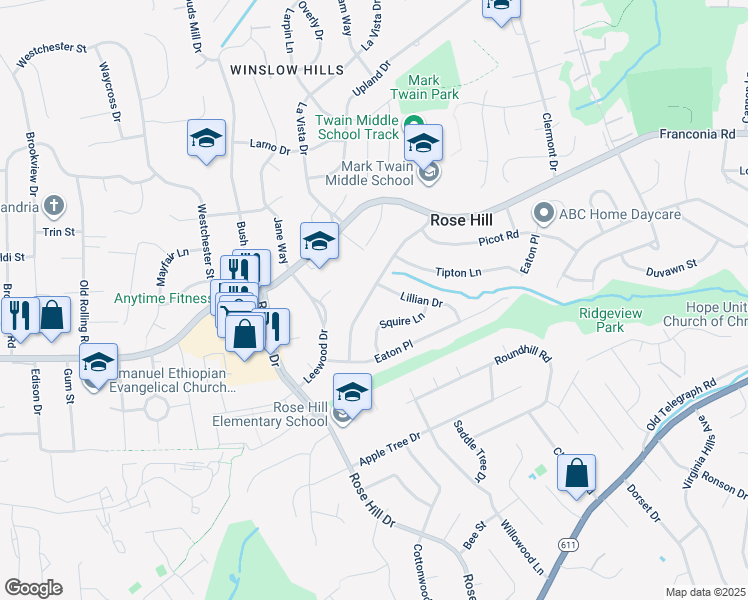 map of restaurants, bars, coffee shops, grocery stores, and more near 6017 Craft Road in Alexandria