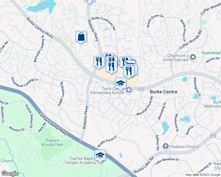 map of restaurants, bars, coffee shops, grocery stores, and more near 6105 Heron Pond Court in Burke