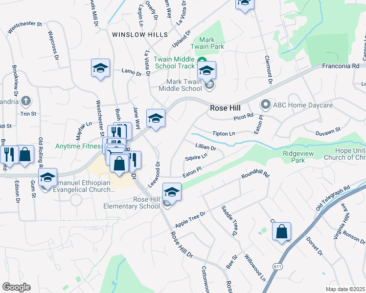 map of restaurants, bars, coffee shops, grocery stores, and more near 6017 Craft Road in Alexandria