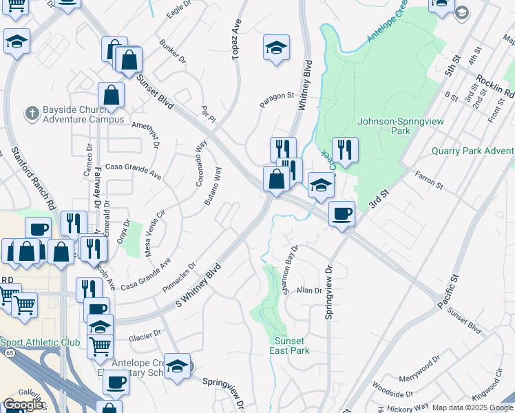 map of restaurants, bars, coffee shops, grocery stores, and more near 2806 South Whitney Boulevard in Rocklin