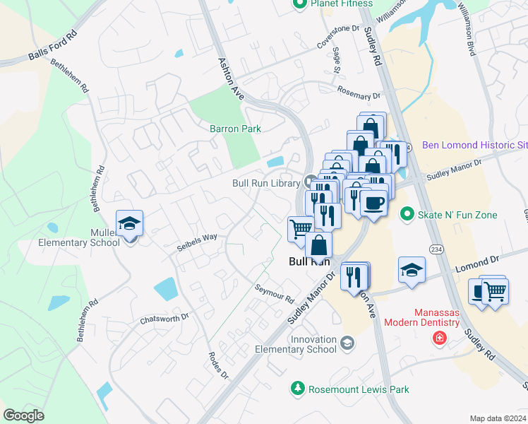 map of restaurants, bars, coffee shops, grocery stores, and more near 7937 Blue Gray Circle in Manassas