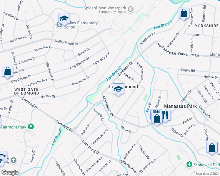 map of restaurants, bars, coffee shops, grocery stores, and more near 7815 Amherst Drive in Manassas