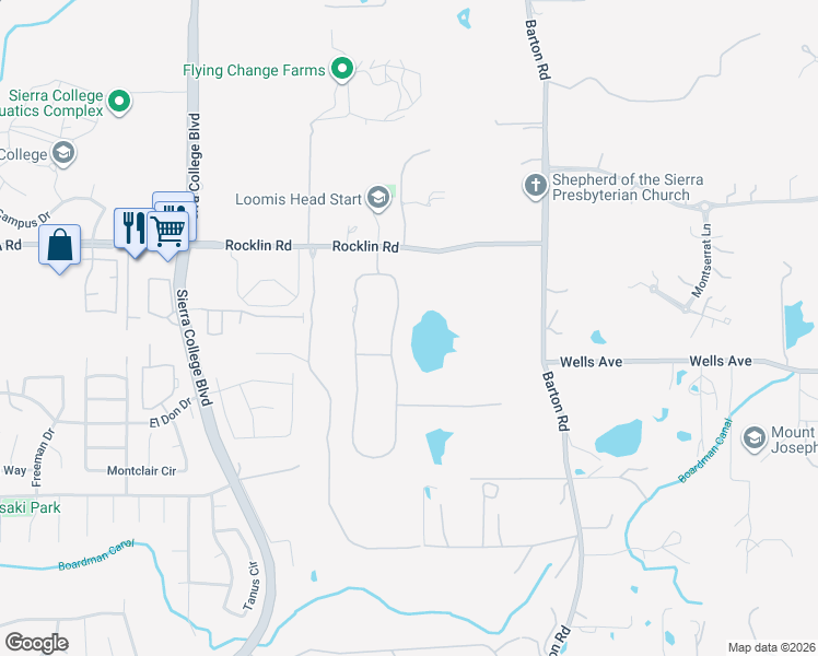 map of restaurants, bars, coffee shops, grocery stores, and more near 5565 East Saint Francis Circle in Loomis