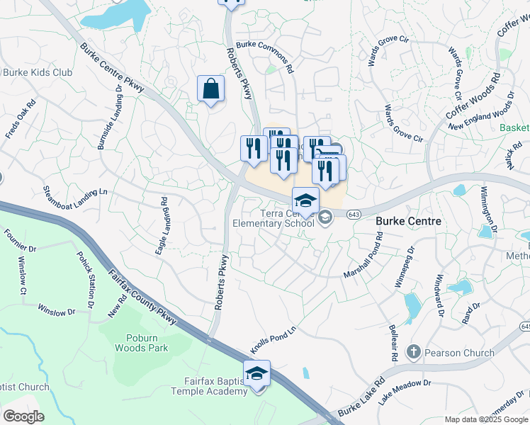 map of restaurants, bars, coffee shops, grocery stores, and more near 10222 Heron Pond Terrace in Burke