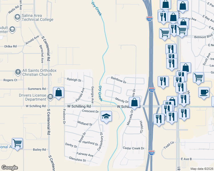 map of restaurants, bars, coffee shops, grocery stores, and more near 1035 Merrily Circle in Salina