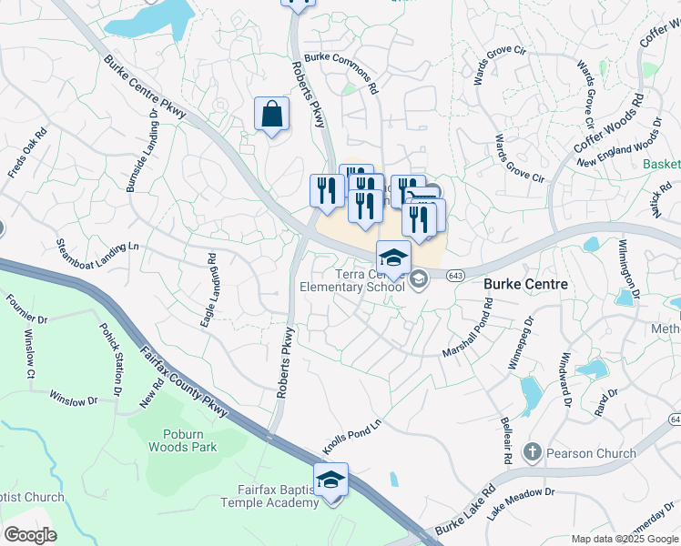 map of restaurants, bars, coffee shops, grocery stores, and more near 10222 Heron Pond Terrace in Burke