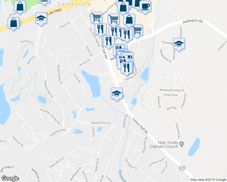 map of restaurants, bars, coffee shops, grocery stores, and more near 7858 Waverley Mill Court in Gainesville