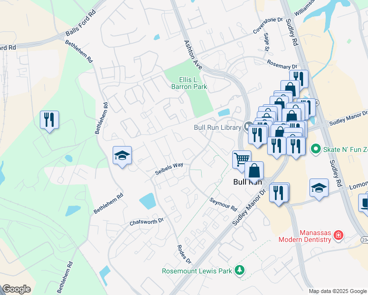 map of restaurants, bars, coffee shops, grocery stores, and more near 7767 Black Horse Court in Manassas