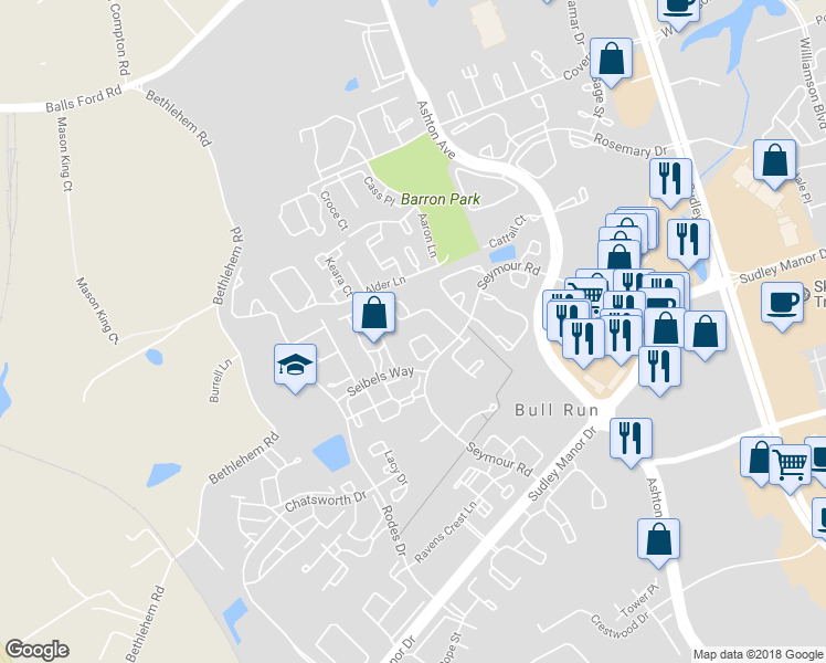 map of restaurants, bars, coffee shops, grocery stores, and more near 7767 Black Horse Court in Manassas