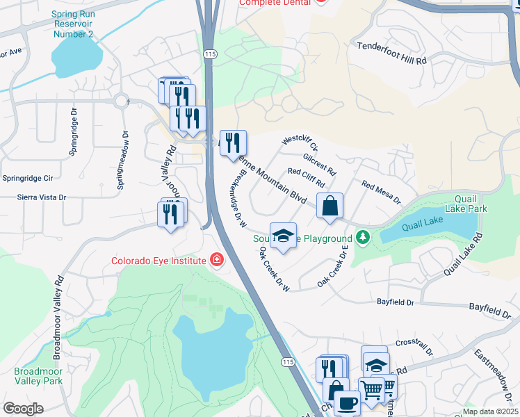 map of restaurants, bars, coffee shops, grocery stores, and more near 3169 Westcliff Drive East in Colorado Springs