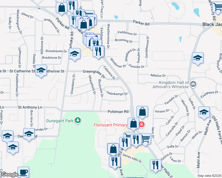 map of restaurants, bars, coffee shops, grocery stores, and more near 4040 Helmkampf Drive in Florissant