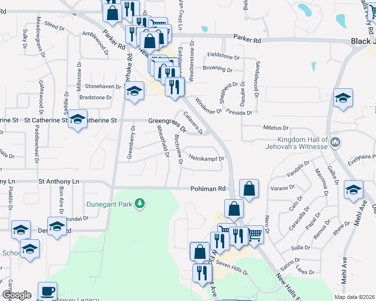map of restaurants, bars, coffee shops, grocery stores, and more near 2315 Birchview Drive in Florissant