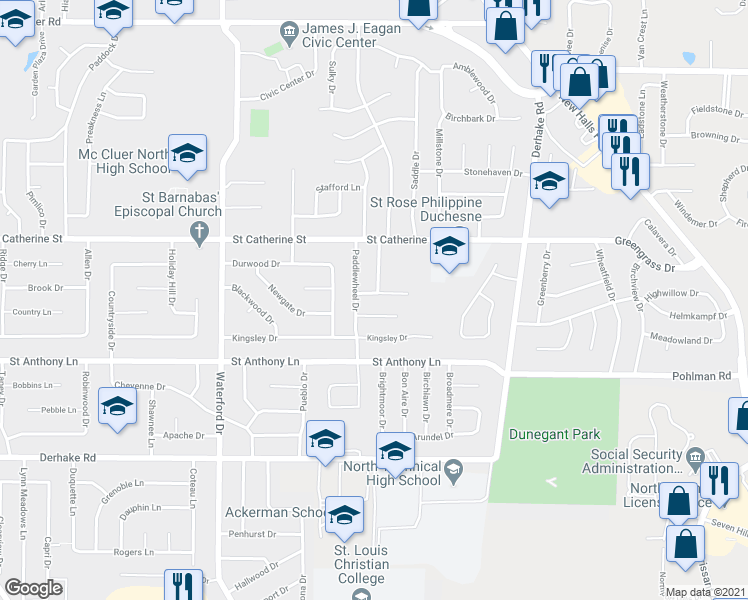 map of restaurants, bars, coffee shops, grocery stores, and more near 410 Paddlewheel Drive in Florissant