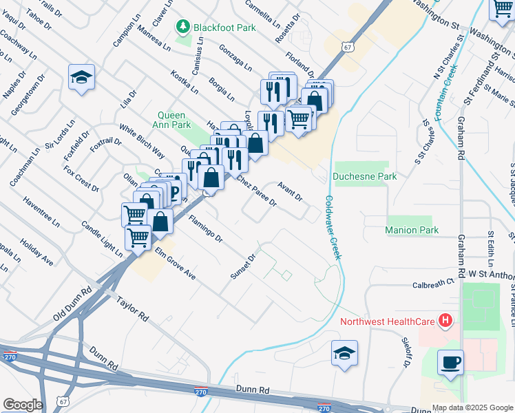 map of restaurants, bars, coffee shops, grocery stores, and more near 351 Chalmette Drive in Hazelwood