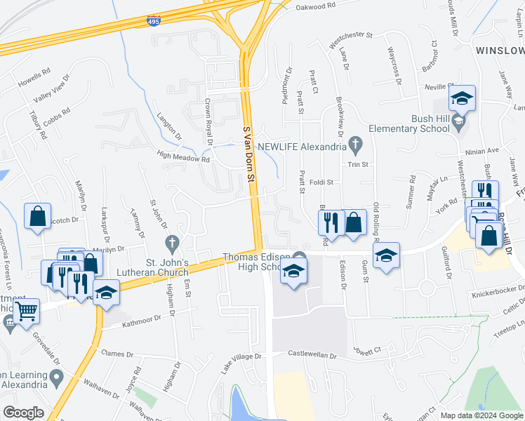 map of restaurants, bars, coffee shops, grocery stores, and more near 5900 Parenham Way in Alexandria