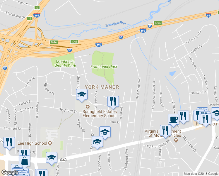 map of restaurants, bars, coffee shops, grocery stores, and more near 6404 Kroy Drive in Springfield
