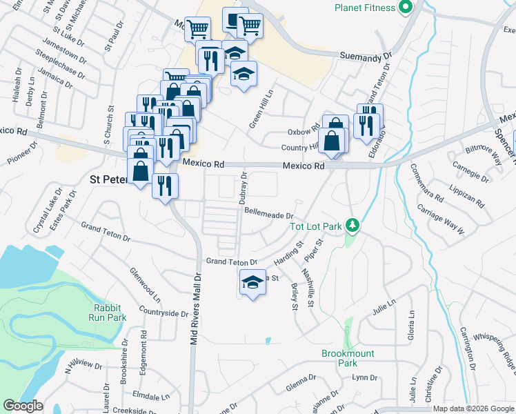 map of restaurants, bars, coffee shops, grocery stores, and more near 208 Bellemeade Drive in Saint Peters