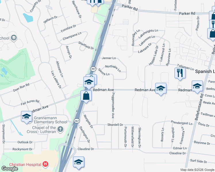 map of restaurants, bars, coffee shops, grocery stores, and more near 1910 Redman Road in St. Louis