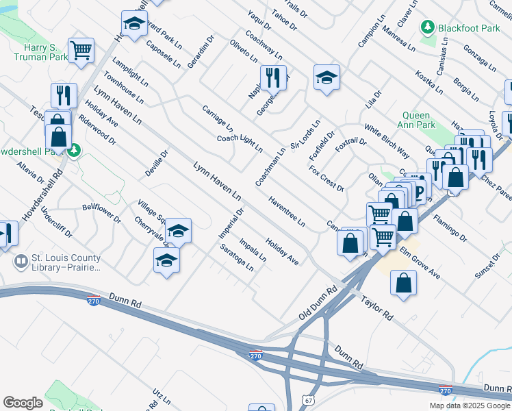 map of restaurants, bars, coffee shops, grocery stores, and more near 539 Lynn Haven Lane in Hazelwood