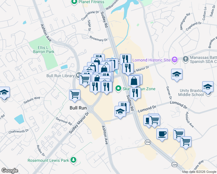map of restaurants, bars, coffee shops, grocery stores, and more near 10683 Sudley Manor Drive in Manassas