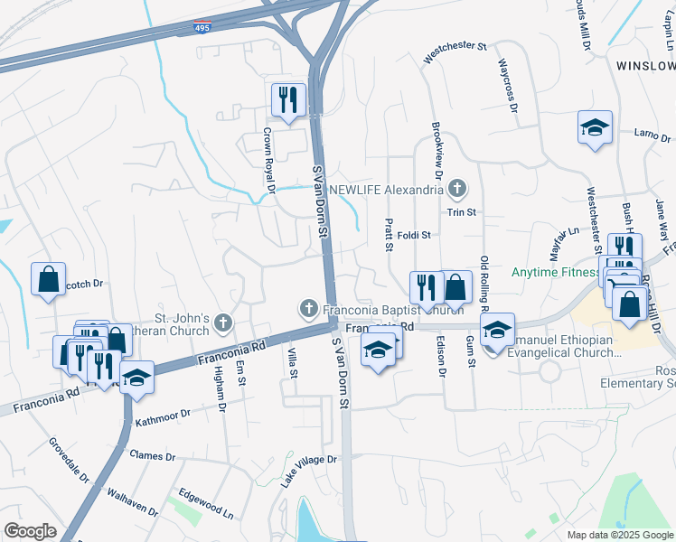 map of restaurants, bars, coffee shops, grocery stores, and more near 5900 Parenham Way in Alexandria