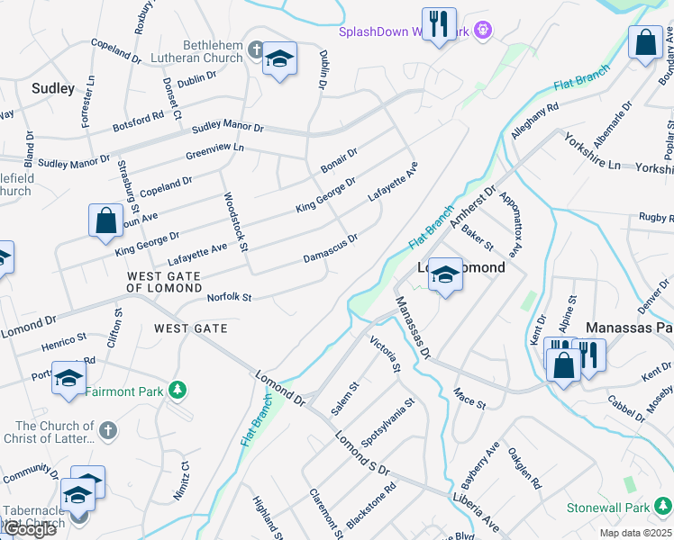 map of restaurants, bars, coffee shops, grocery stores, and more near 9605 Norfolk Street in Manassas