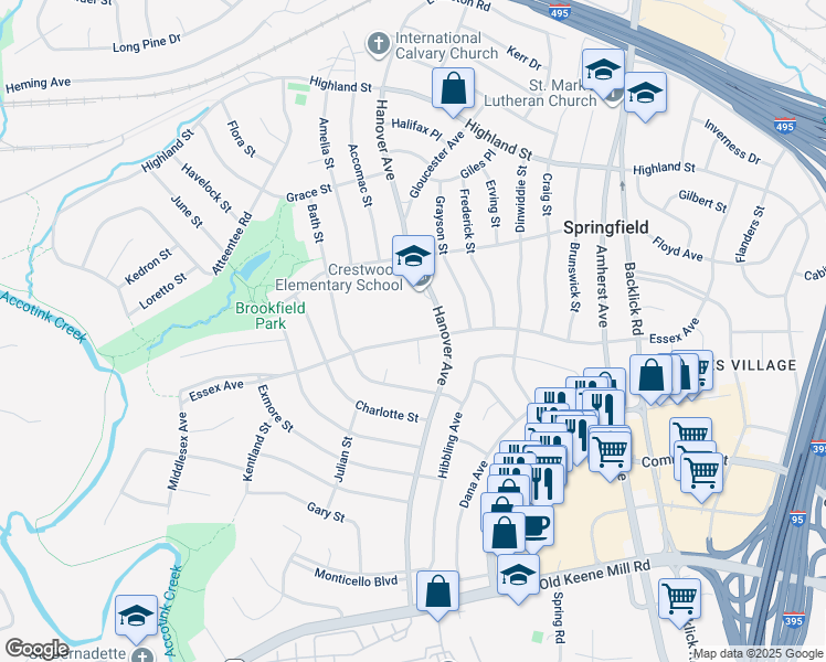 map of restaurants, bars, coffee shops, grocery stores, and more near 7308 Essex Avenue in Springfield