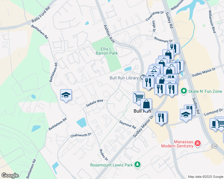map of restaurants, bars, coffee shops, grocery stores, and more near 10809 Campaign Court in Manassas