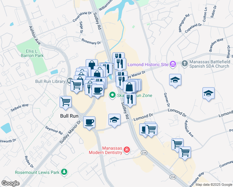 map of restaurants, bars, coffee shops, grocery stores, and more near 7892 Sudley Road in Manassas