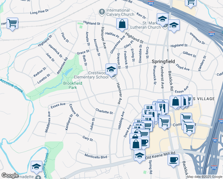 map of restaurants, bars, coffee shops, grocery stores, and more near 7308 Essex Avenue in Springfield