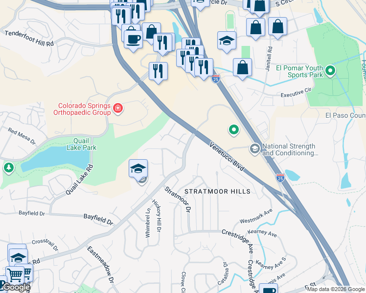 map of restaurants, bars, coffee shops, grocery stores, and more near 1755 Courtyard Heights in Colorado Springs