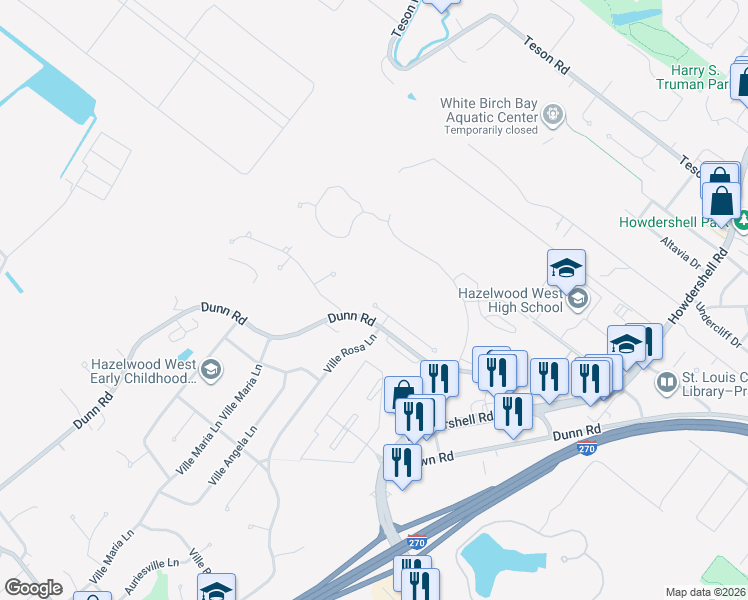 map of restaurants, bars, coffee shops, grocery stores, and more near 1417 Eagles Way Court in Hazelwood
