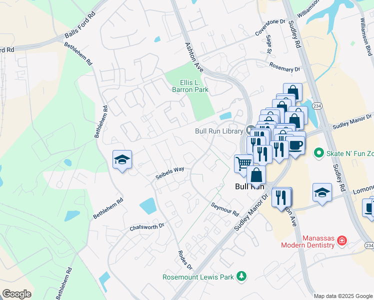 map of restaurants, bars, coffee shops, grocery stores, and more near 7773 Black Horse Court in Manassas