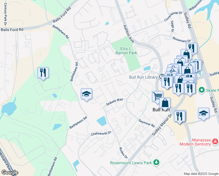 map of restaurants, bars, coffee shops, grocery stores, and more near 7828 Flager Circle in Manassas