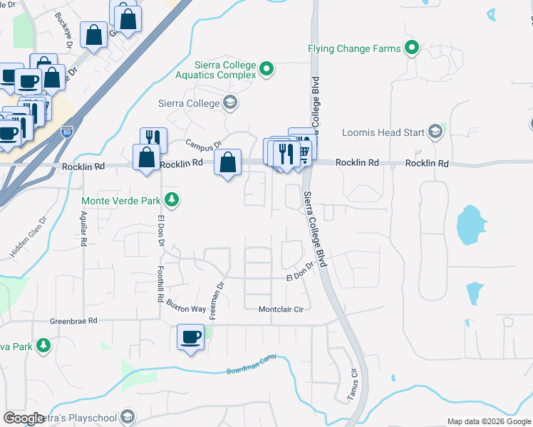 map of restaurants, bars, coffee shops, grocery stores, and more near 5648 Ambassador Drive in Rocklin