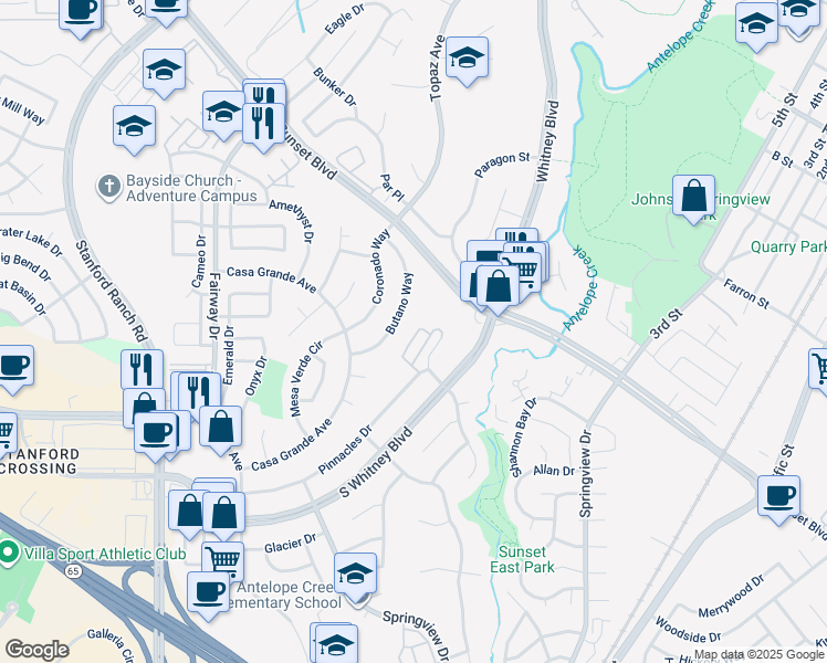 map of restaurants, bars, coffee shops, grocery stores, and more near 2593 Chalmette Court in Rocklin