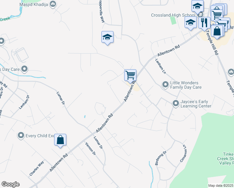 map of restaurants, bars, coffee shops, grocery stores, and more near 7516 Burgess Lane in Fort Washington