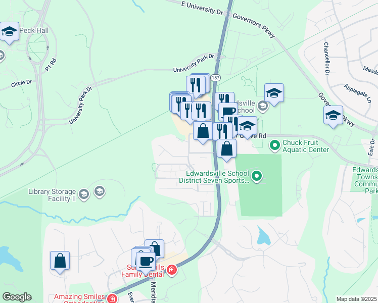 map of restaurants, bars, coffee shops, grocery stores, and more near 6 South Cherry Hills in Edwardsville