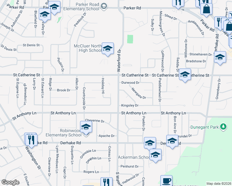 map of restaurants, bars, coffee shops, grocery stores, and more near 380 Waterford Drive in Florissant