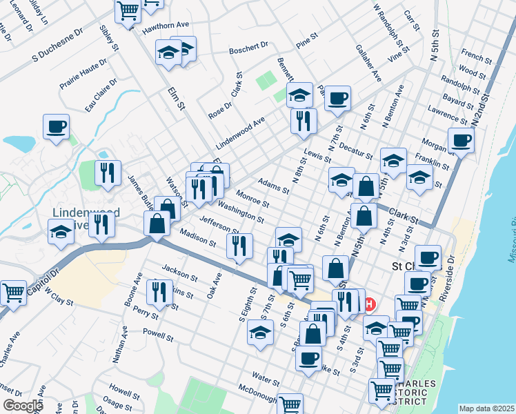 map of restaurants, bars, coffee shops, grocery stores, and more near 123 North 9th Street in Saint Charles