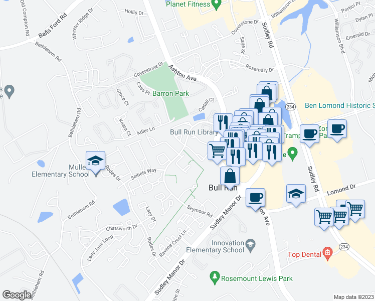 map of restaurants, bars, coffee shops, grocery stores, and more near 7947 Blue Gray Circle in Manassas