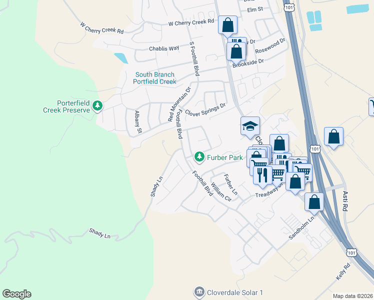 map of restaurants, bars, coffee shops, grocery stores, and more near 119 Primrose Lane in Cloverdale