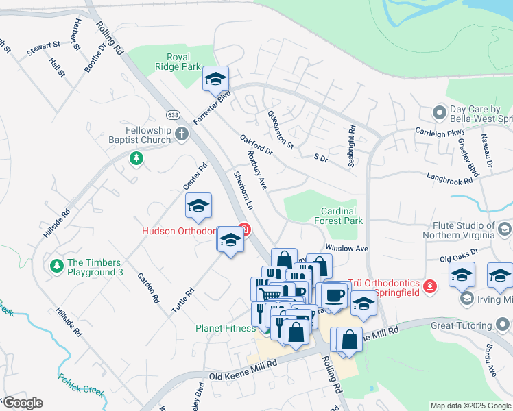 map of restaurants, bars, coffee shops, grocery stores, and more near 6107 Sherborn Lane in West Springfield