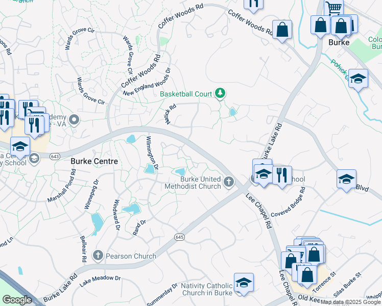 map of restaurants, bars, coffee shops, grocery stores, and more near 9838 Burke Pond Lane in Burke