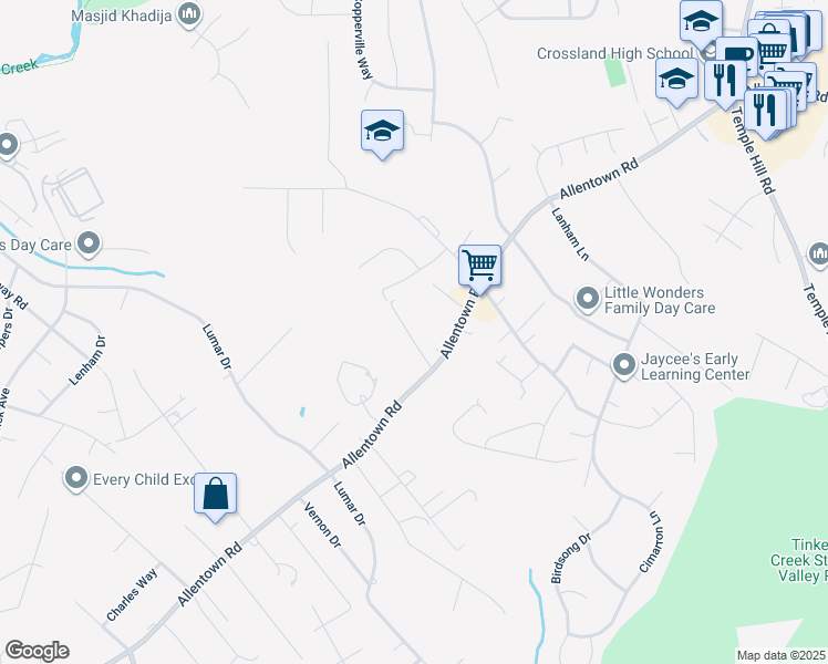 map of restaurants, bars, coffee shops, grocery stores, and more near 7516 Burgess Lane in Fort Washington