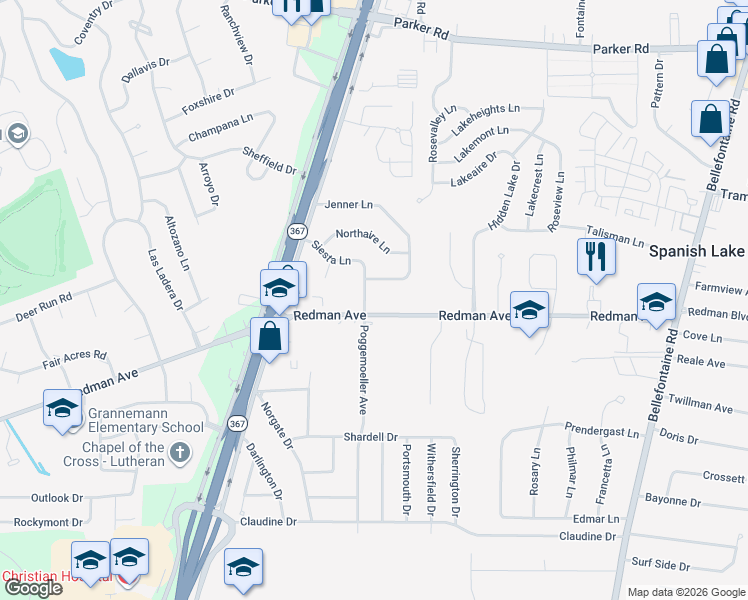 map of restaurants, bars, coffee shops, grocery stores, and more near 11814 Poggemoeller Avenue in St. Louis