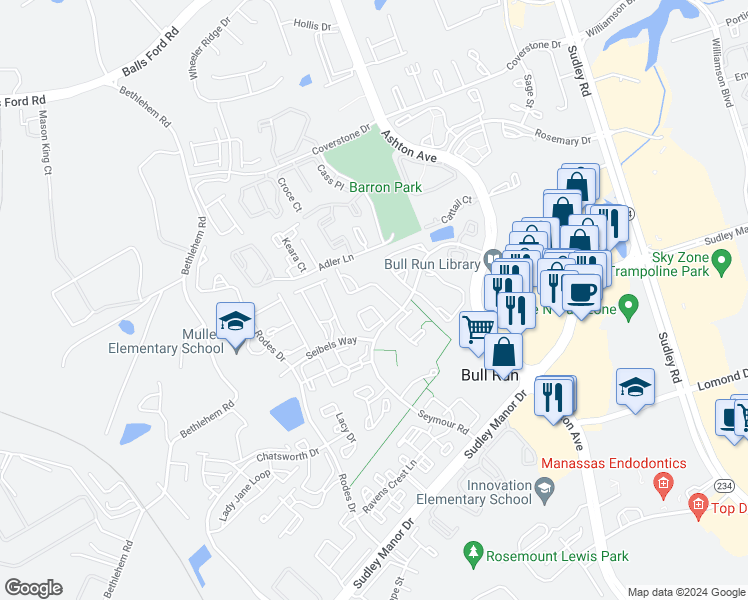 map of restaurants, bars, coffee shops, grocery stores, and more near 7779 Black Horse Court in Manassas